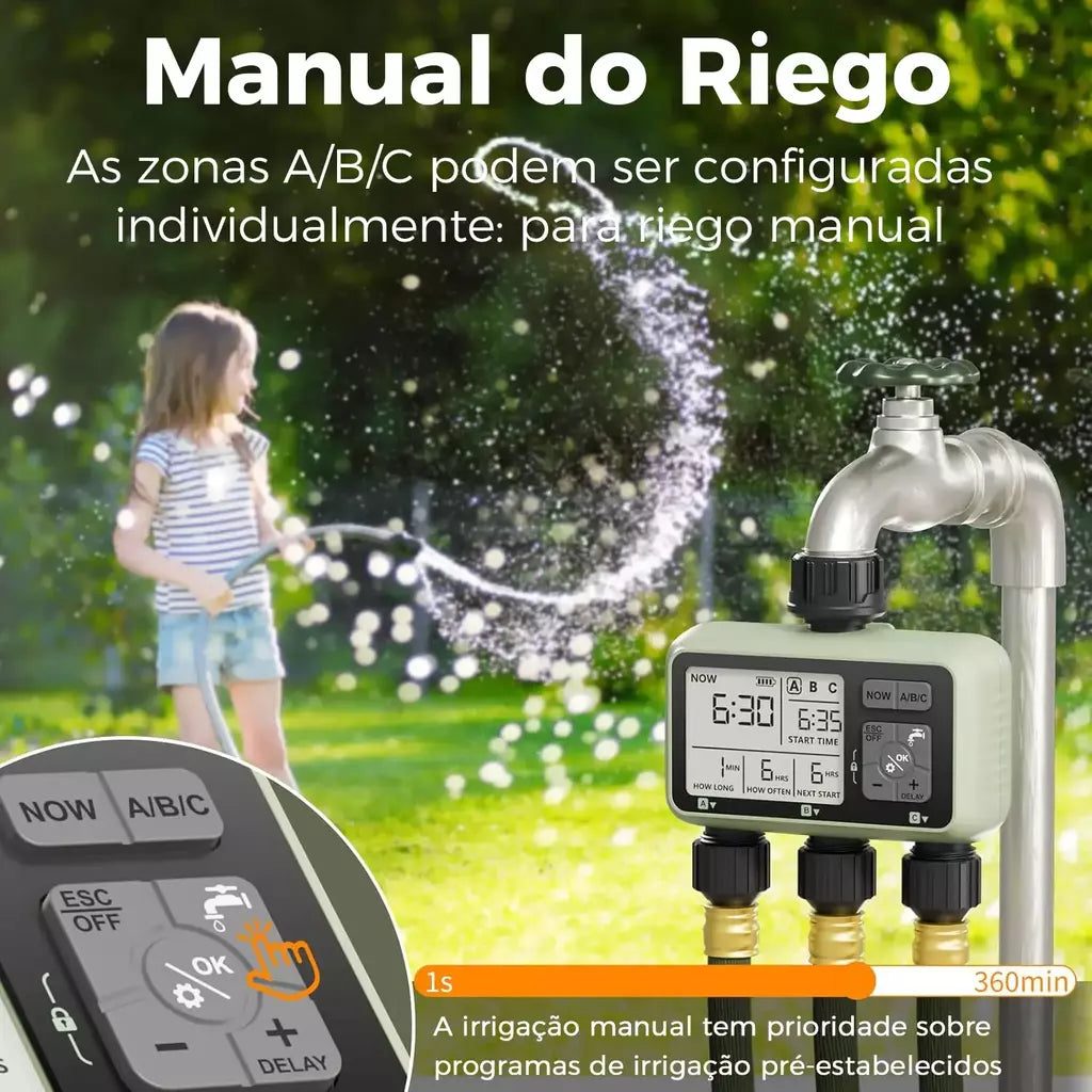 Diivoo temporizador de água para jardim, 3 saídas para mangueira de jardim, temporizador de irrigação automático programável ip54 com atraso de chuva, modo manual/automático