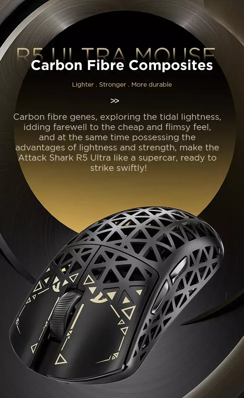True Wireless 8K ATTACK SHARK R5 Ultra Gaming Mouse Composto de fibra de carbono ecológico, sensor PAW3950Max, controlador Nordic52840