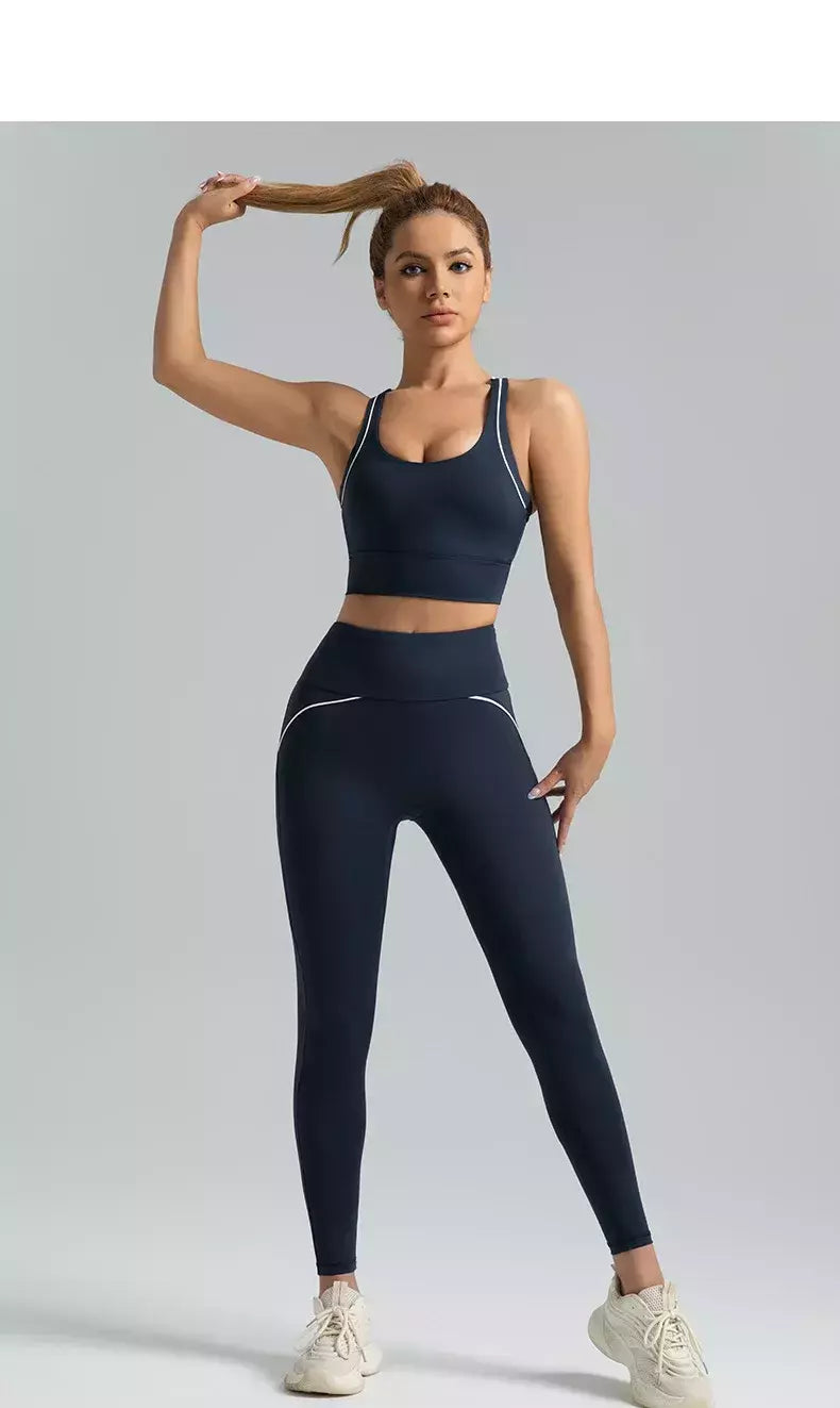 PINGNIAO-Calças e Sutiã Yoga de Cintura Alta para Mulheres, Alça Cruzada, Terno Esportivo, Fitness Wear, Design De Linha
