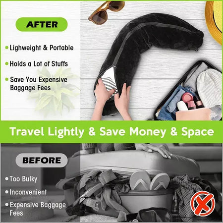 Travesseiro de pescoço para viagem com roupas preenchíveis, fronha em formato de u, capa de veludo, bolsa de armazenamento extra para avião, economia de espaço de viagem