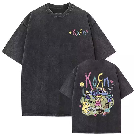 Camisetas com estampa de esqueleto masculinas, banda de rock vintage lavada, Korn caindo longe de mim, camiseta gótica, camiseta masculina extragrande, moda
