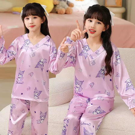 Ice Silk infantil Conjunto de Pijamas de manga curta, Pijamas gola V, Anime Sanrio Kuromi Minha melodia Desenhos animados, Cinnamoroll Menina, Cinnamoroll