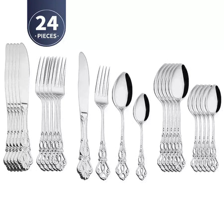 Conjunto de talheres de aço inoxidável dourado, colher europeia real, garfo, talheres completos, design retrô, seguro para máquina de lavar louça, talheres elegantes