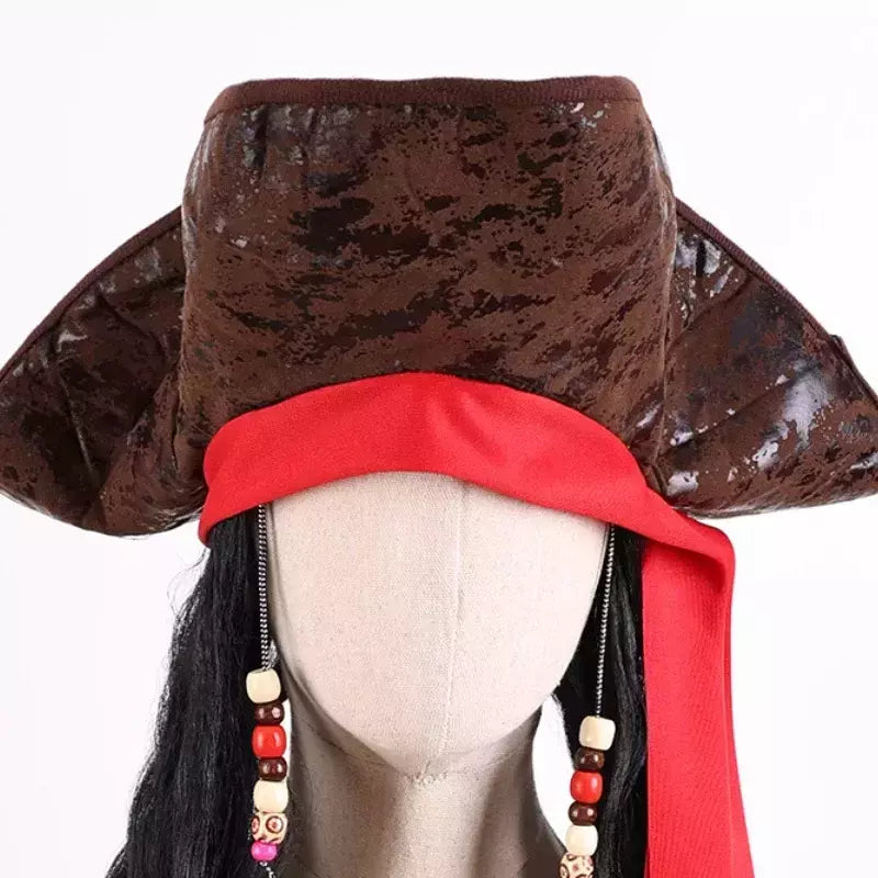 Adulto masculino caribe pirata chapéu peruca halloween palco desempenho pirata capitão traje peruca acessórios de festa jack sparrow peruca