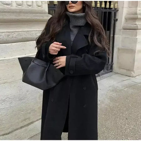 Trench coat maxi oversized feminino com lapela entalhada com cinto duplo breasted vintage streetwear 2025 tendência casual casacos diários