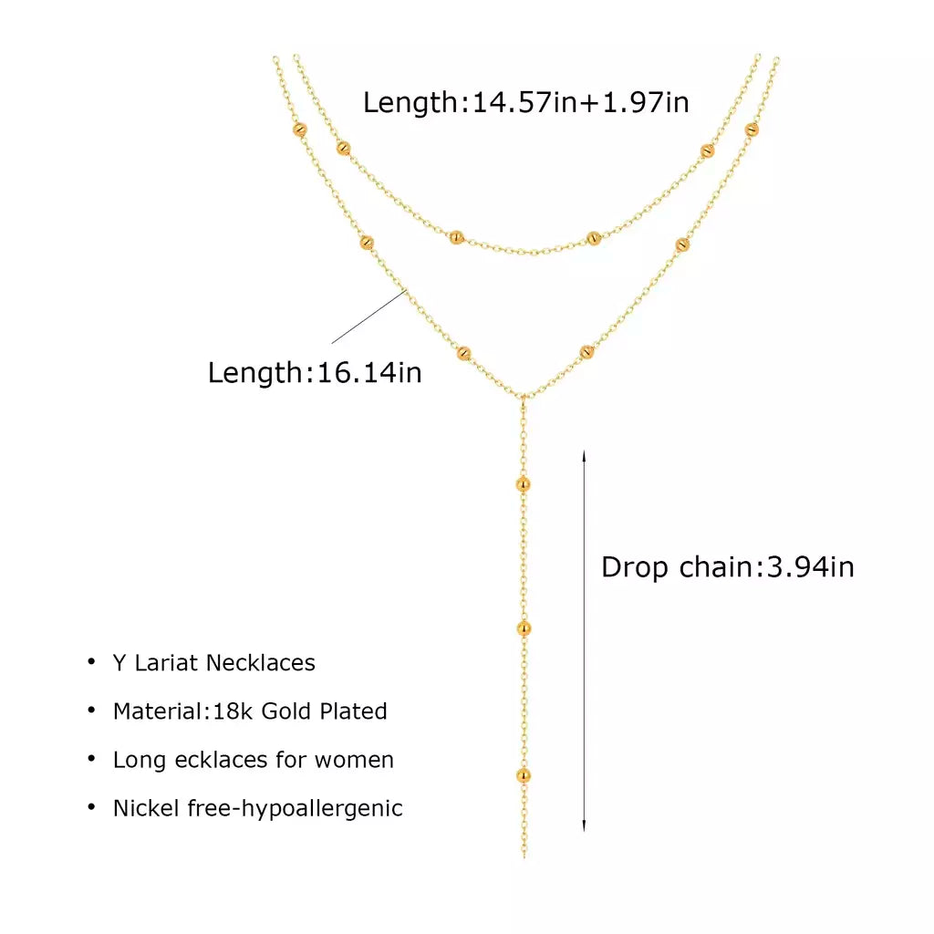 Colar lariat de aço inoxidável banhado a ouro, colar longo delicado colares laryered para mulheres meninas, pingente de gota em forma de y