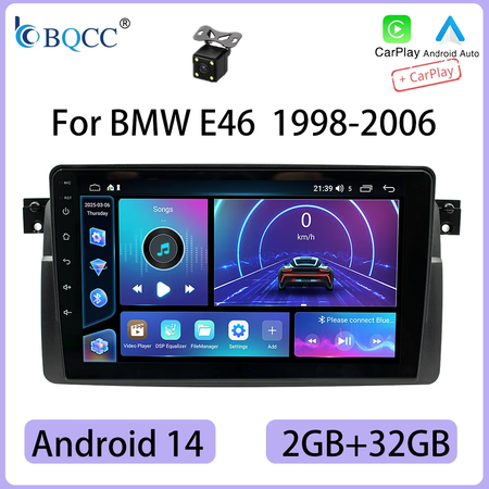 Bqcc android 14 9 ''sem fio carplay rádio do carro reprodutor multimídia estéreo para bmw e46 m3 318 320 325 330 335 1998-2006 jogador de carro