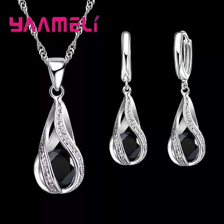 Gota de água quente cz 925 prata esterlina banhado conjunto de jóias para mulheres pingente colar brincos de argola festa de casamento ketey anel