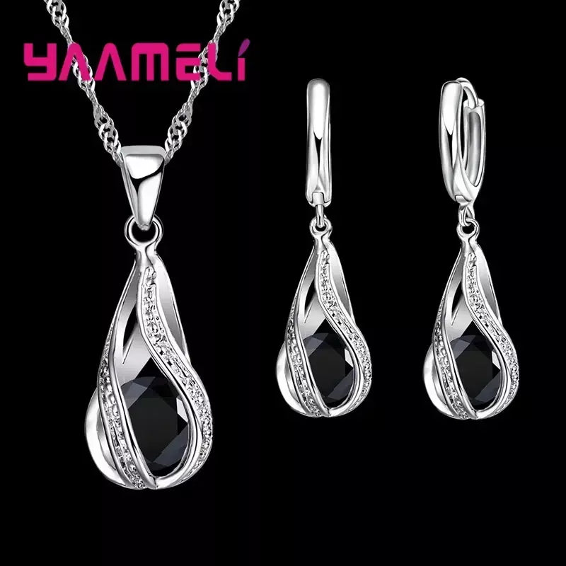 Gota de água quente cz 925 prata esterlina banhado conjunto de jóias para mulheres pingente colar brincos de argola festa de casamento ketey anel