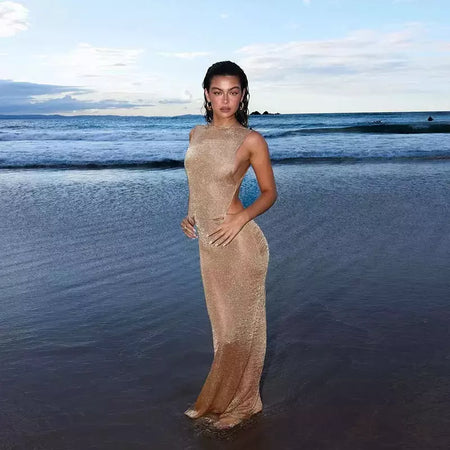 Vestido feminino sexy de lantejoulas sem costas dividido, vestidos longos, monocromático, vestido de festa, elegante, fino, fêmea, chique