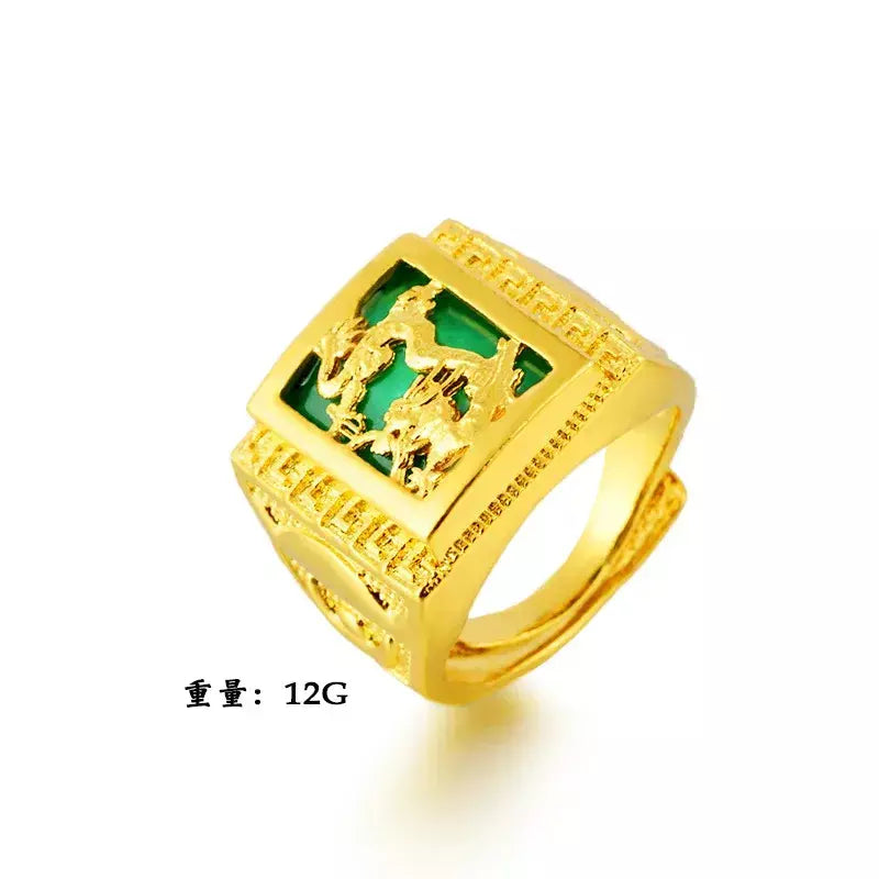Anel do zodíaco do dragão masculino em ouro 24K AU999 - Dragão polido + contraste do zodíaco fosco, nuvens cinzeladas-flamas, negociação aura completa