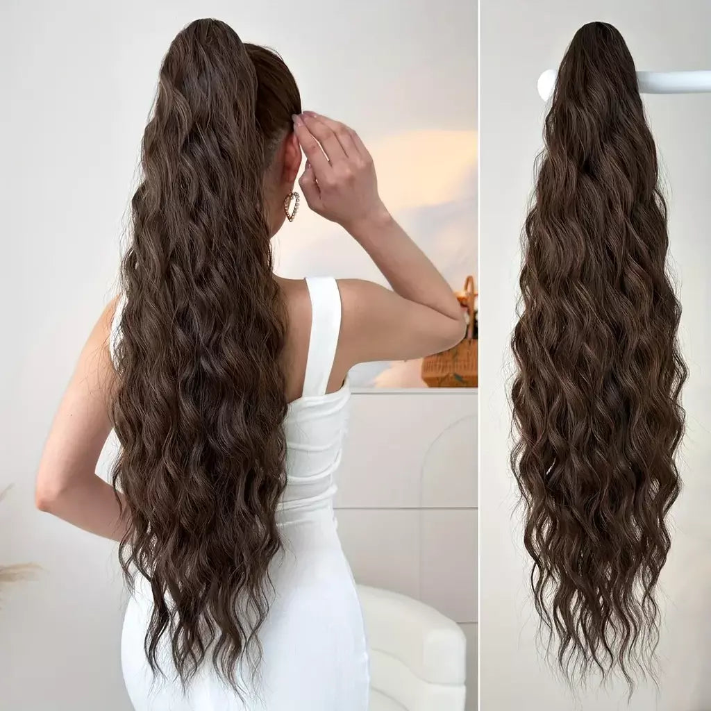 Aoosoo sintético água rabo de cavalo extensão do cabelo clipe no rabo de cavalo da mulher acessórios para o cabelo longo encaracolado peruca natural encaracolado preto