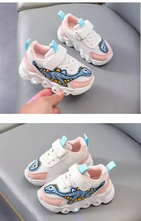 Sapatilhas LED bonitos dos desenhos animados das crianças, sapatos de malha respirável, sapatos iluminados, casual, iluminação, meninos, meninas, bebê