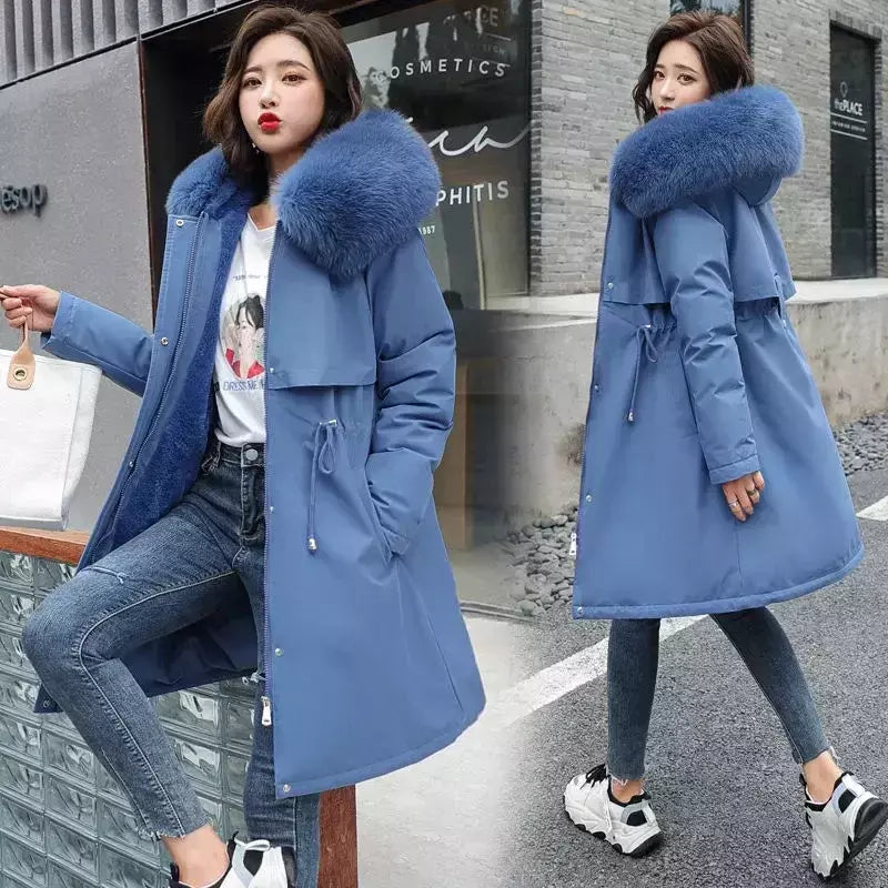 Parka longa e acolchoada feminina com forro de lã, jaqueta com capuz, gola de pele, quente, grossa, neve, roupas grandes, inverno
