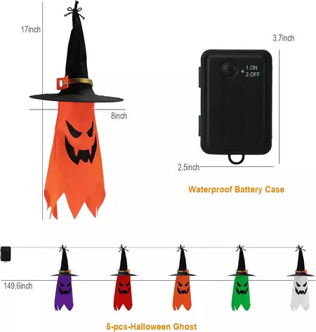 Decorações de Halloween ao ar livre 5 PCS pendurado Halloween iluminado brilhante chapéu de bruxa fantasma com luzes de corda LED para festa jardim