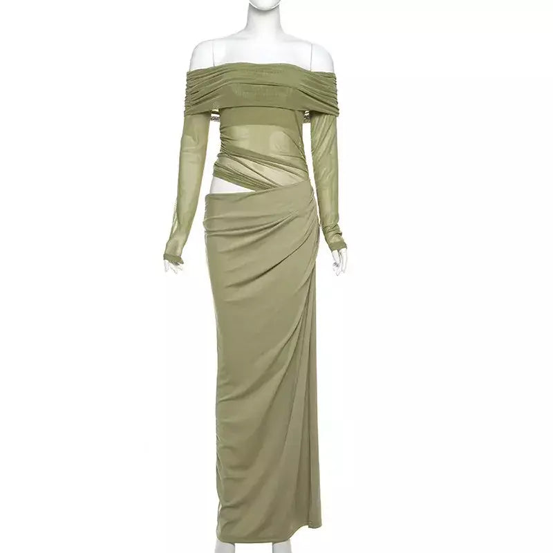 Oco sexy vestido longo feminino um ombro malha transparente festa noite vestido de malha verão moda cor sólida maxi vestidos