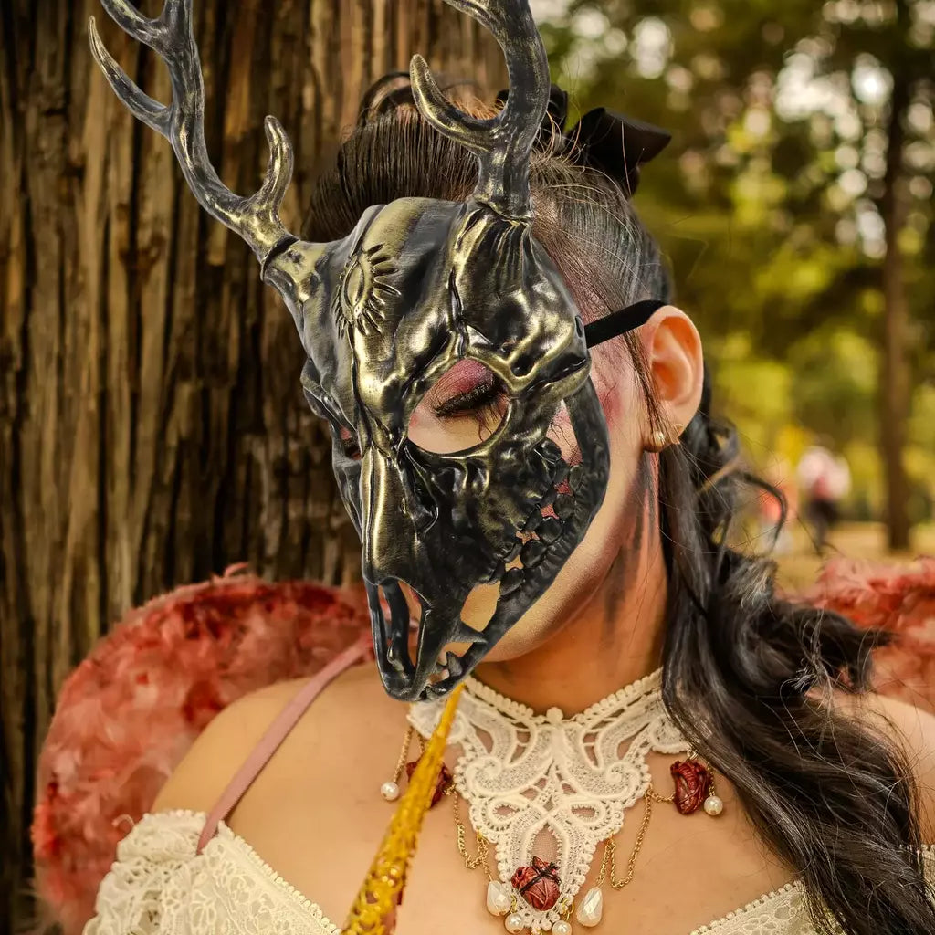 Máscara de antler halloween cosplay máscara animal máscara realista com chifres para festa de máscaras confortável veado traje máscara prop