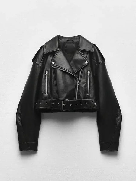 TRAF-Jaqueta curta de couro sintético feminina com cinto, casaco vintage extragrande, streetwear solto, zíper feminino, outwear retrô Moto Biker