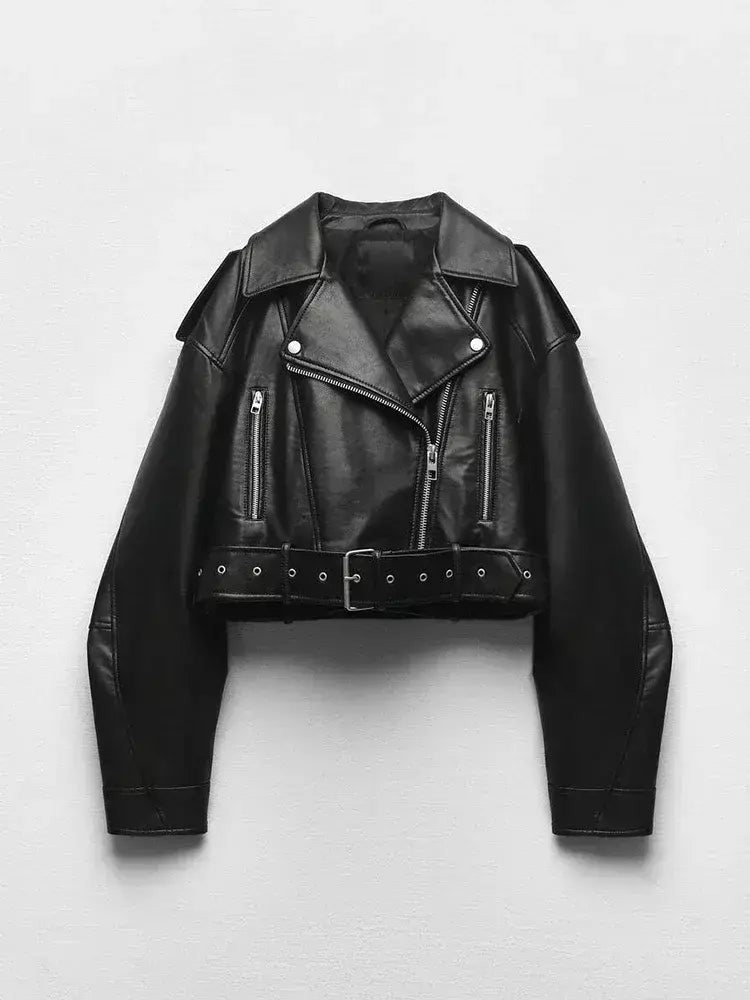 TRAF-Jaqueta curta de couro sintético feminina com cinto, casaco vintage extragrande, streetwear solto, zíper feminino, outwear retrô Moto Biker