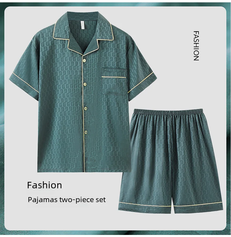 Pijama Jacquard de seda gelada masculino, manga curta, outwear casual, simulação adolescente, roupa de casa, verão, conjunto de 3 peças