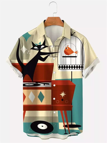 Camisa havaiana dos desenhos animados de anime masculino, Tops de manga curta, roupas casuais masculinas, rua, animais, gatos, retrô, 3D Tees, verão