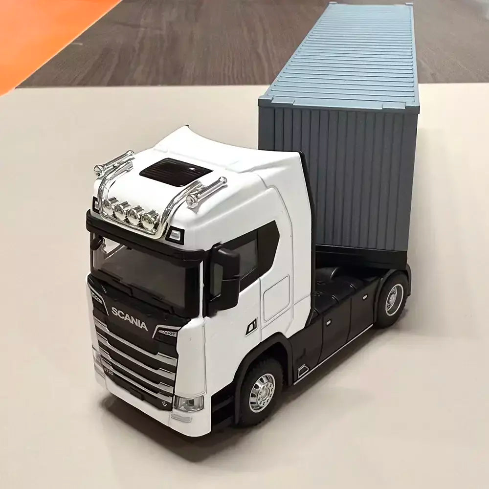 1:50 caminhão contêiner carros de brinquedo modelo fundido pneus de borracha veículo puxar para trás luz música carro em miniatura meninos presentes do festival