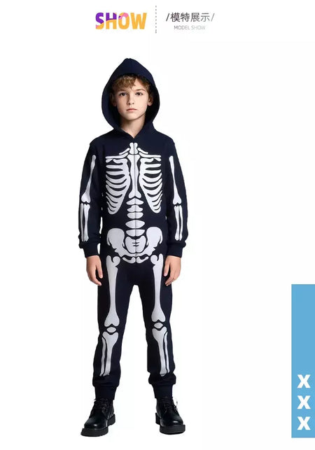 Halloween meninos trajes esqueleto horror preto luminoso fantasma apertado com capuz macacão palco papel traje desempenho terno