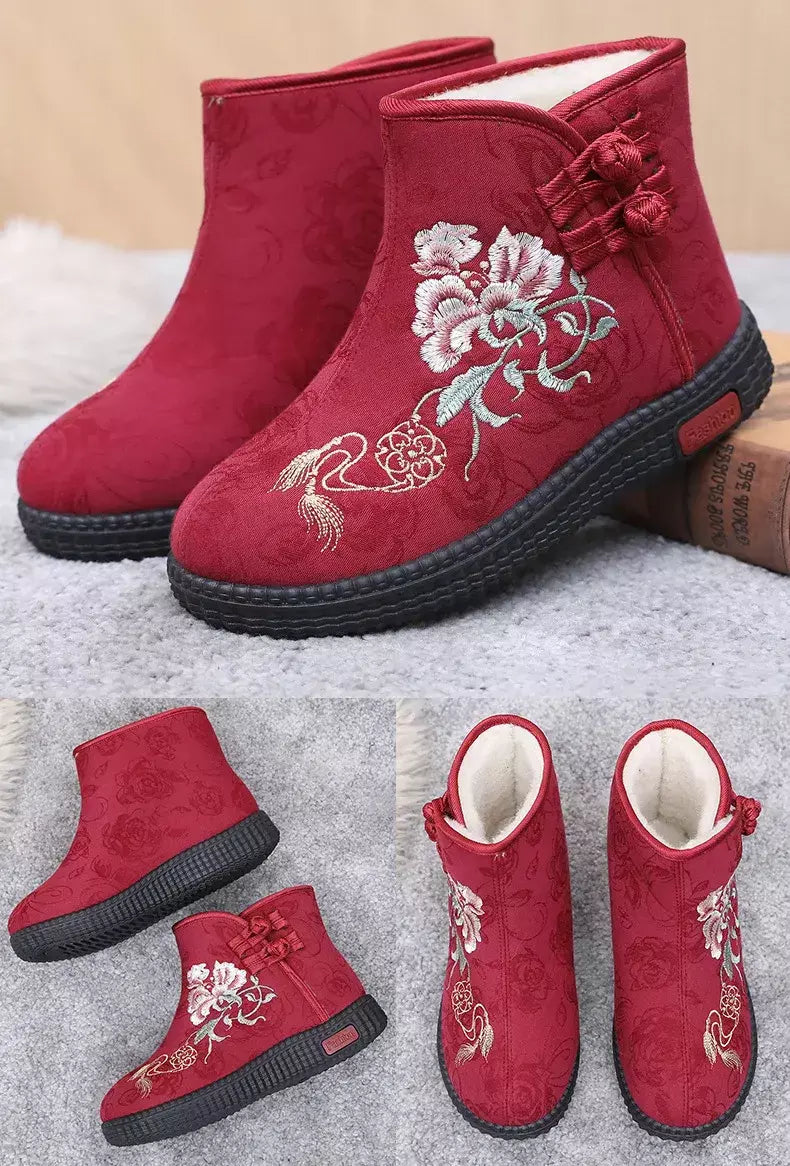 Sapatos de pano de inverno estilo étnico botas mujer sapatos femininos zapatos botas curtas quentes mulher bootie bordado algodão botas femininas