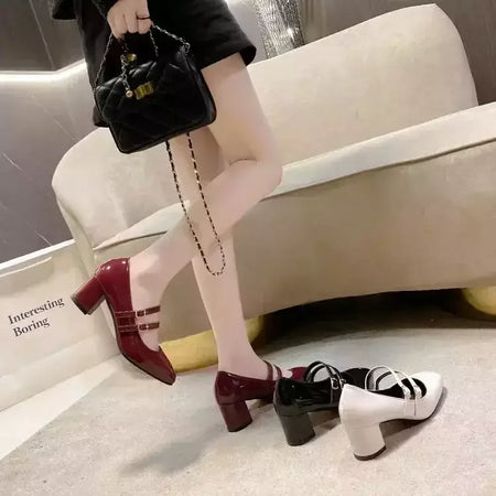 Sapatos Mary Janes de fivela dupla feminina, couro envernizado, cabeça quadrada, salto quadrado, cor sólida, primavera, outono, 2022