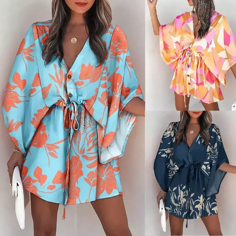 Mini vestido solto com cordão feminino, manga de batwing, botão sexy, gola V, cobertura de festa, estampa moda praia, verão