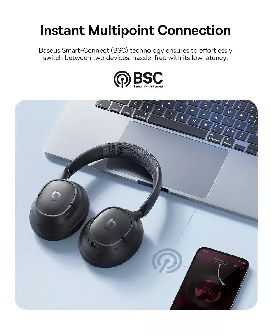 Baseus bowie h1s fones de ouvido sem fio bluetooth 5.4 cancelamento de ruído 46db sobre a orelha fone de ouvido de áudio espacial de alta resolução 120h tempo