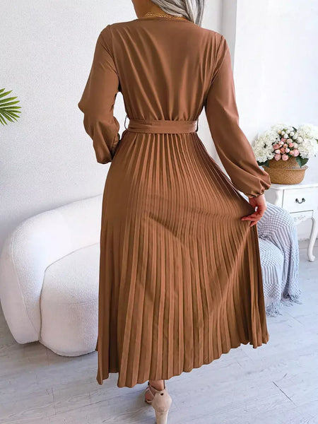 Elegante V Neck manga comprida das mulheres plissado vestido Maxi