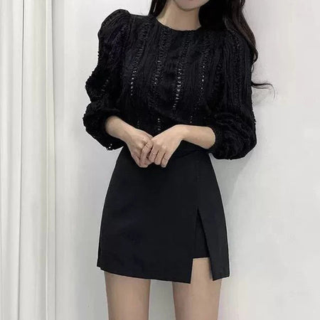 Mini saias pretas femininas, fenda lateral irregular, cintura alta, shorts linha A, saias femininas de verão, envoltório chique do quadril, moda coreana
