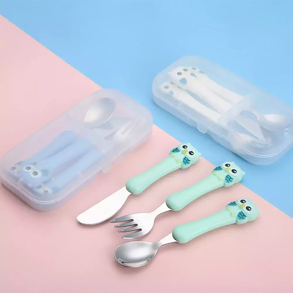 Talheres portáteis de aço inoxidável para crianças, Spoon Forks Box Utensílios de alimentação do bebê Conjunto de talheres para bebês, 3pcs
