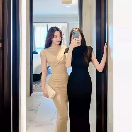 Verão novo sexy atrevido puro desejo estético fora do ombro vestido longo para as mulheres na moda fenda lateral hip cobrindo vestido