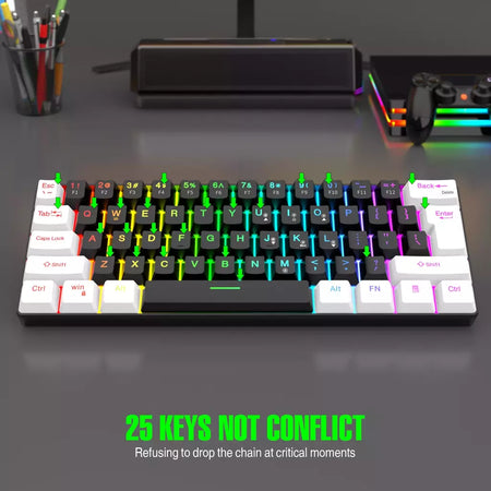 RGB Backlight Wired Mini Teclado Gaming, Ultra Compacto, Impermeável, Pequeno Compacto, 61 Teclas, Fit para PC, Mac Gamers, 60%