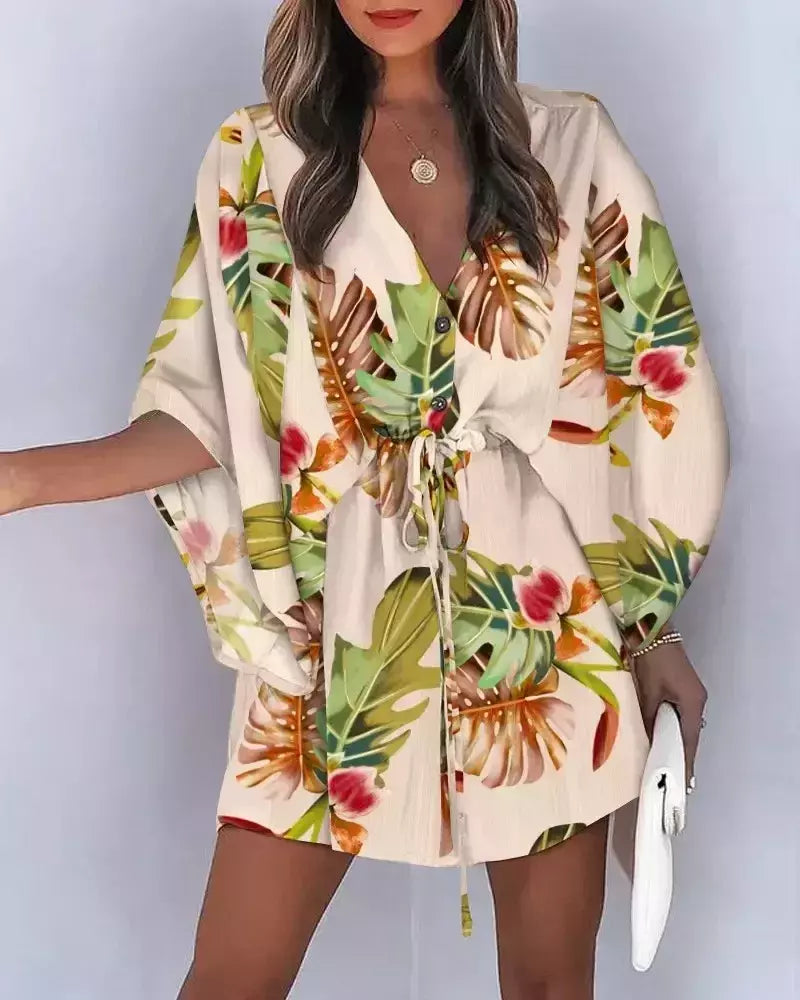 Mini vestido solto com cordão feminino, manga de batwing, botão sexy, gola V, cobertura de festa, estampa moda praia, verão