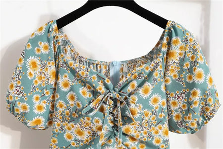 Mulheres mini vestidos de verão moda feminina vestidos impressão floral chiffon vestidos shirring plissado manga curta inchado vestido casual