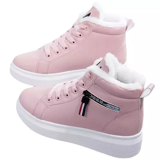 Botas de pelúcia quente PU para mulheres, sapatos de inverno, apartamentos, rendas, botas de neve curtas, senhoras, 2022