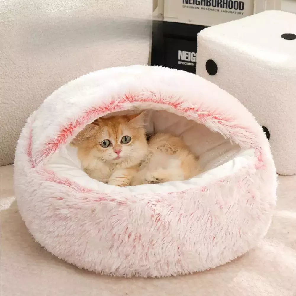 Almofada redonda para gatos, sacos de dormir semi fechados para animais de estimação, pelúcia longa e macia 2 em 1, camas quentes para gatos, conforto simples, ninho de dormir quente para cachorros