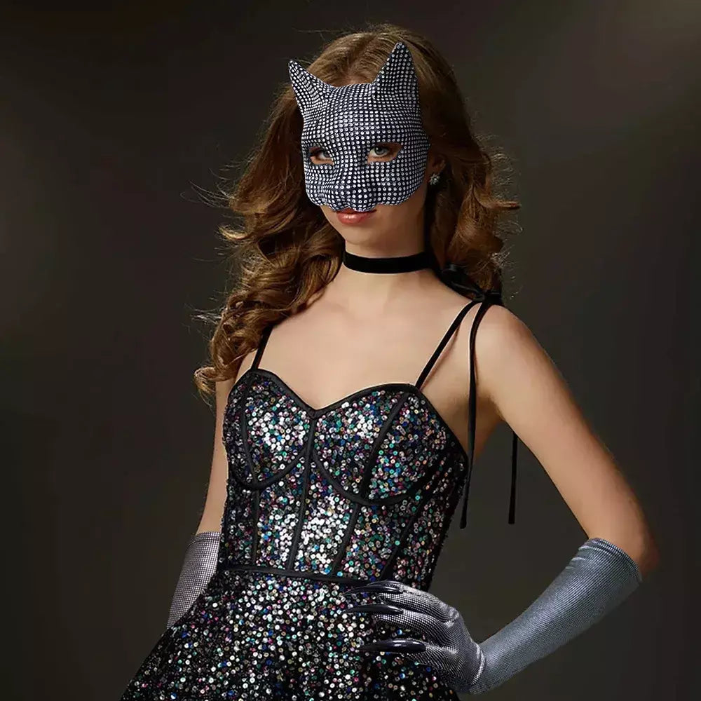 Máscaras de orelha de gato brilhantes cosplay festa de halloween acessórios de fantasia luvas longas sexy bling gatinho metade máscaras