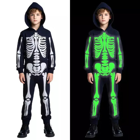 Halloween meninos trajes esqueleto horror preto luminoso fantasma apertado com capuz macacão palco papel traje desempenho terno