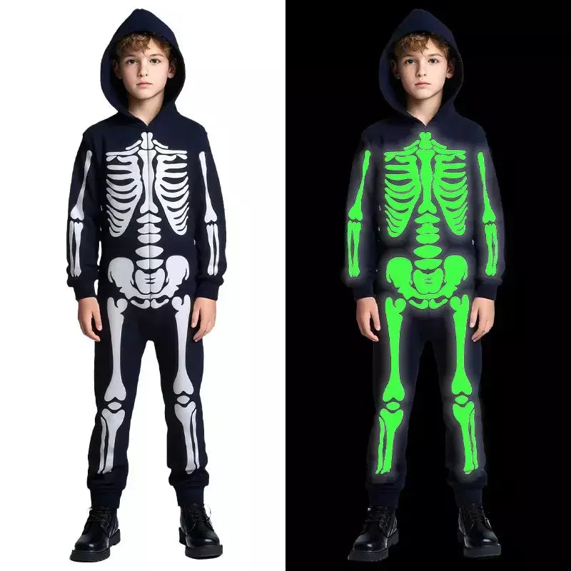 Halloween meninos trajes esqueleto horror preto luminoso fantasma apertado com capuz macacão palco papel traje desempenho terno