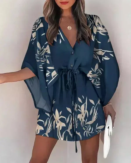 Mini vestido solto com cordão feminino, manga de batwing, botão sexy, gola V, cobertura de festa, estampa moda praia, verão
