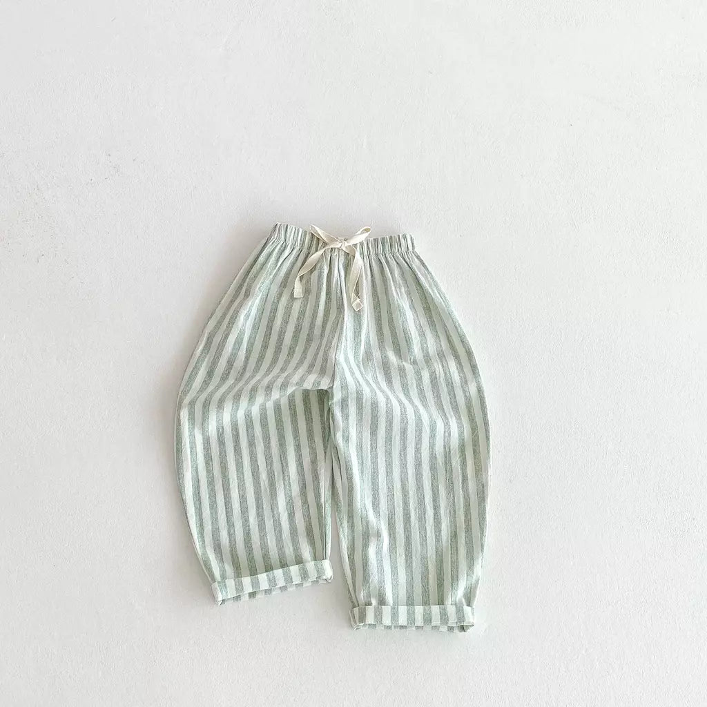 Calças listradas de algodão de linho vintage para meninos casual bolso design elásticos calças de cintura para criança menina roupas crianças