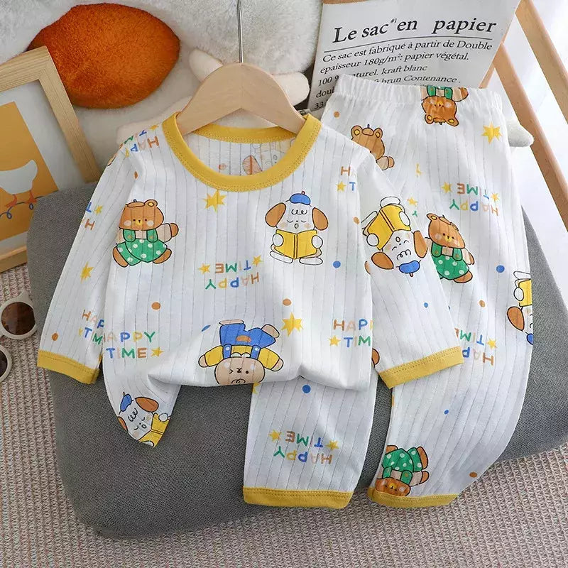 Pijama de algodão puro para meninos e meninas, camiseta fina de manga comprida, tops e calças lindos desenhos animados, conjuntos de roupas infantis, verão, novo, 2022