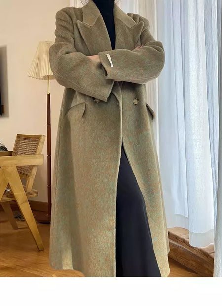 Casaco de alpaca de lã feminino, jaquetas de lã, trespassado duplo, gola de terno, solto, Casacos longos, senhora do escritório, outono, inverno, 2022