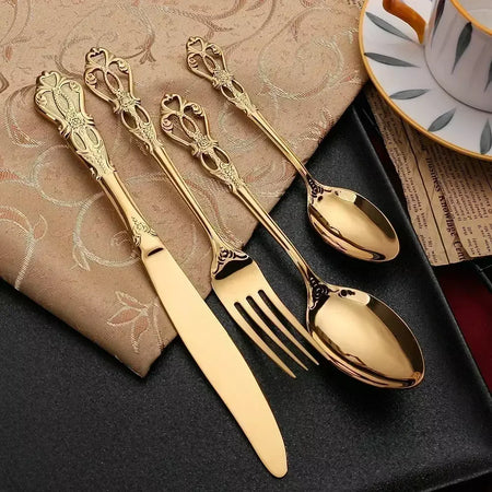 Conjunto de talheres de aço inoxidável dourado, colher europeia real, garfo, talheres completos, design retrô, seguro para máquina de lavar louça, talheres elegantes