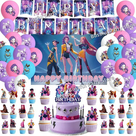 Conjunto de talheres para decoração de festa de aniversário, caçadores de demônios, copo, prato, guardanapo, banner, balão, meninas, coreano, kpop, anime, suprimentos de festa, decoração