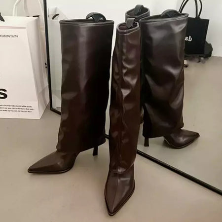 Botas ocidentais plissadas para mulheres, altura do joelho, dedo apontado, saltos femininos, longo, festa, moderno, senhoras, moda